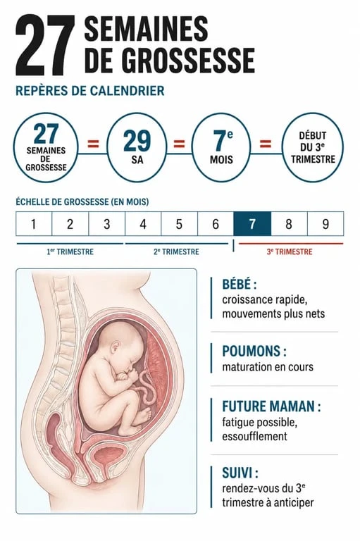 27 semaines de grossesse en mois : repères visuels de 27 SG, 29 SA, 7e mois et début du 3e trimestre