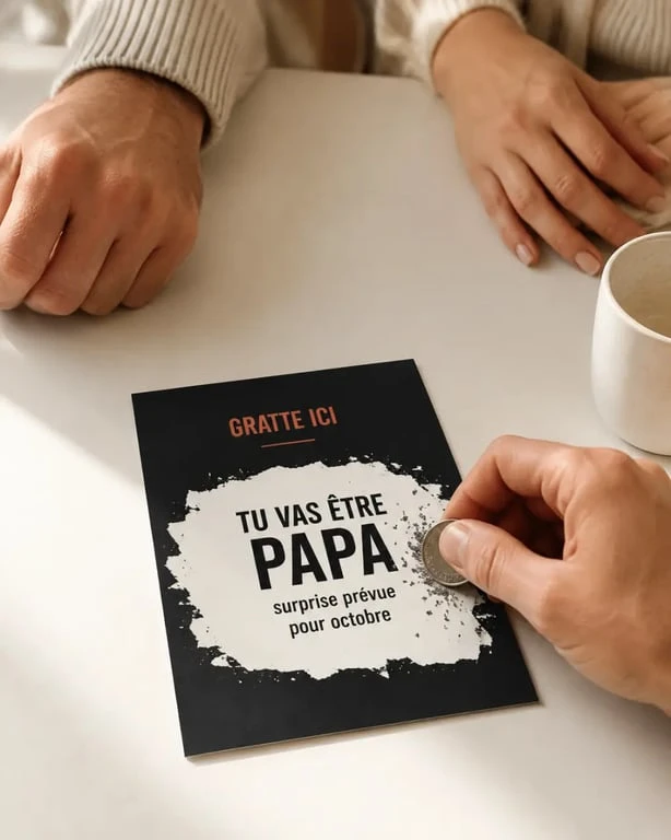 Carte annonce grossesse surprise à gratter sur table familiale