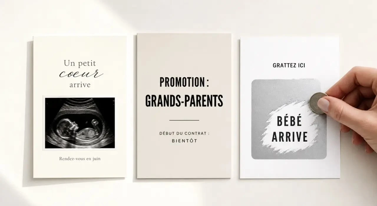 Carte annonce grossesse tendre avec échographie et typographie délicate