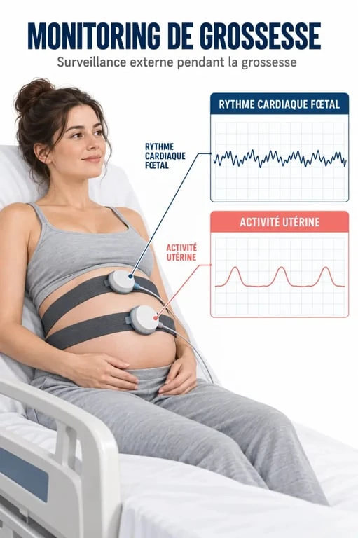 Schéma expliquant le monitoring grossesse avec les deux capteurs et les courbes du rythme cardiaque fœtal et des contractions