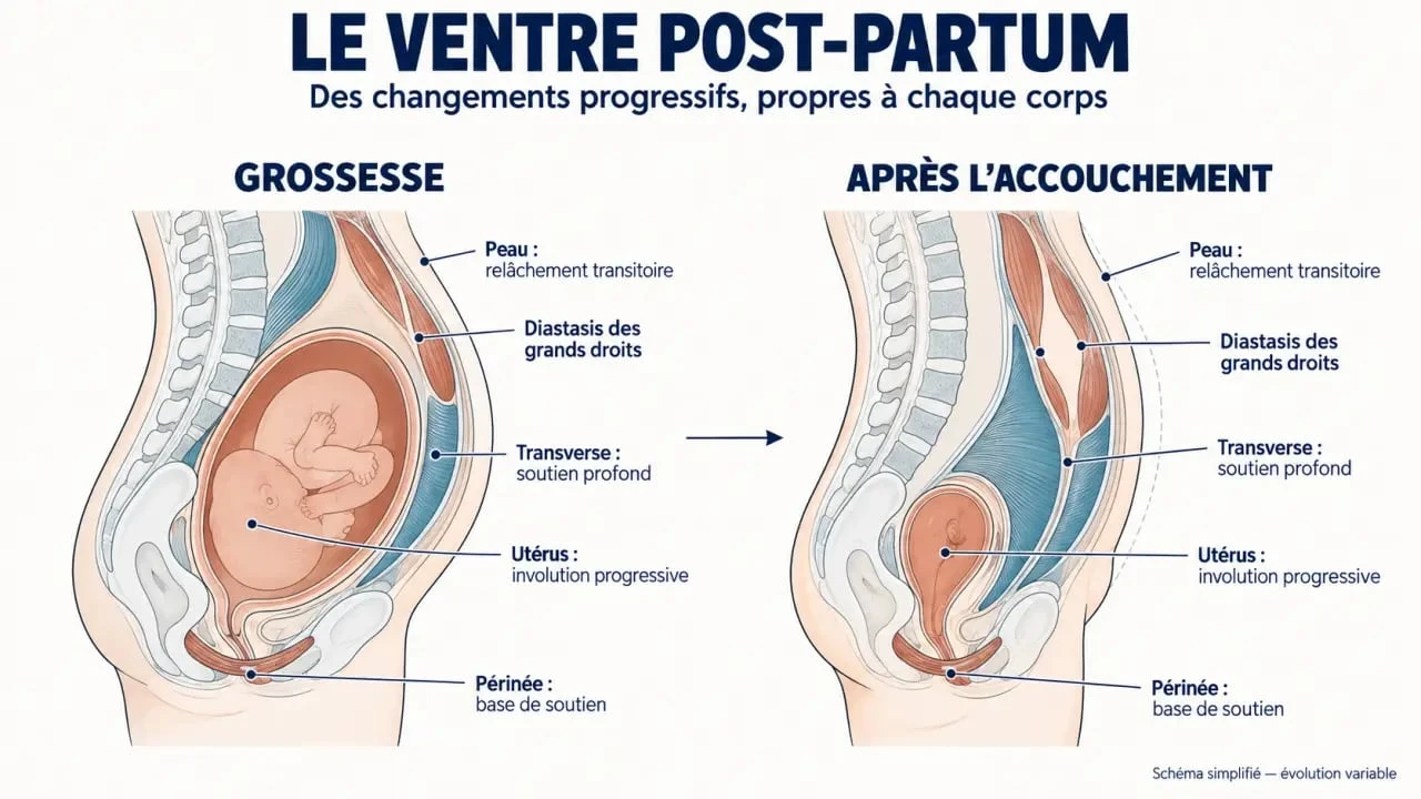 Schéma explicatif du ventre post-partum, de l’involution utérine et du diastasis