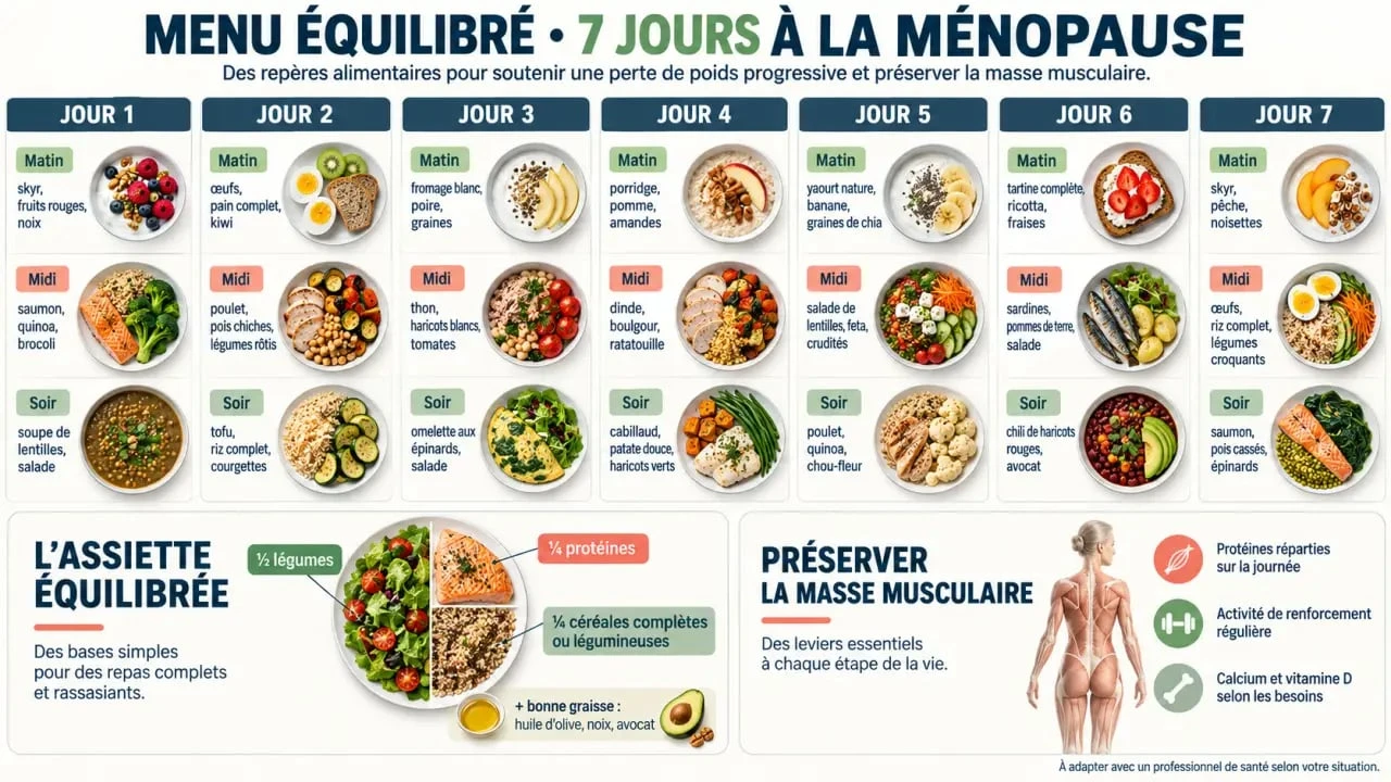 Menu pour perdre 8 kilos à la ménopause sur 7 jours avec assiette équilibrée