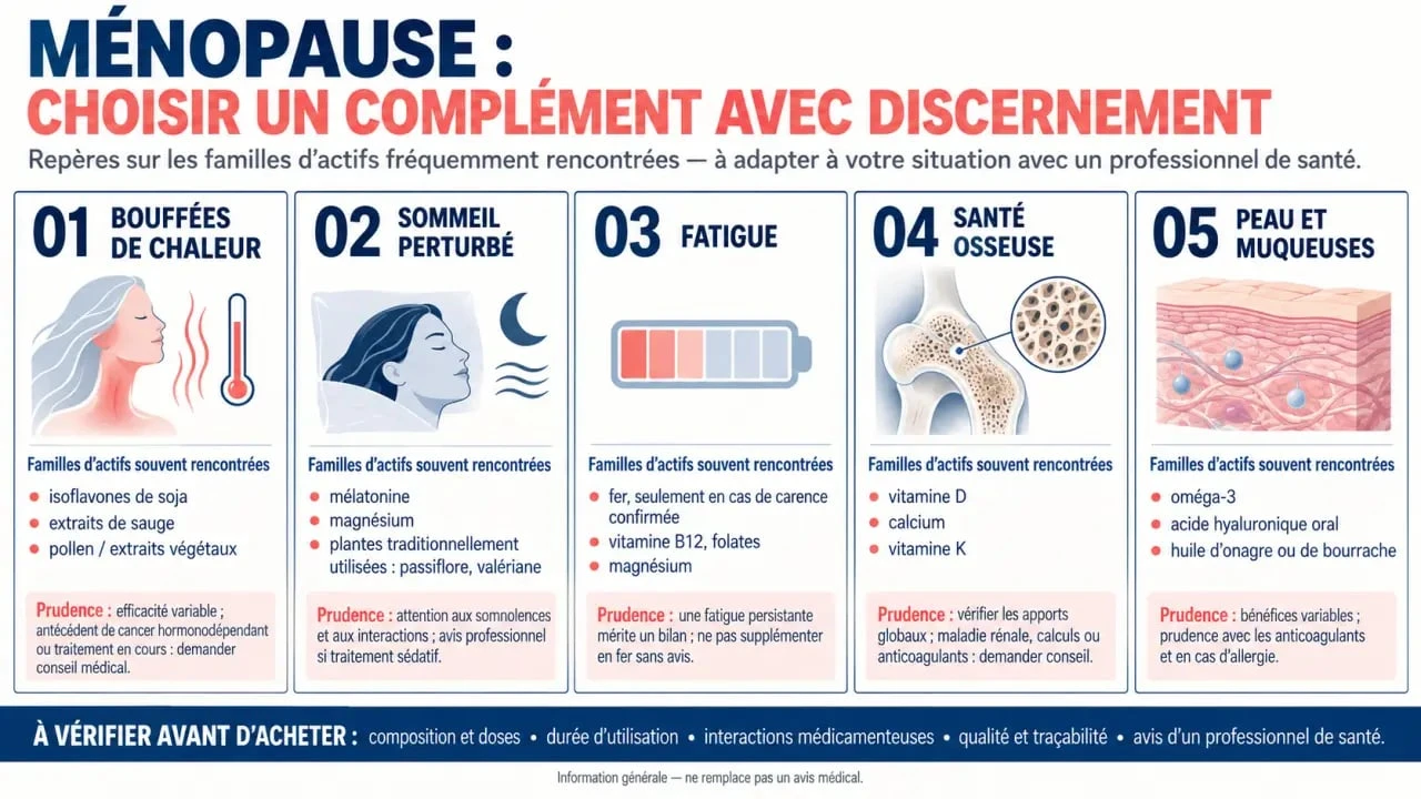Infographie sur le complément alimentaire pour la ménopause selon les symptômes et les précautions