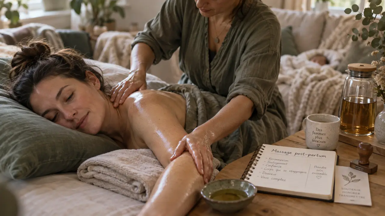 Massage post partum : praticienne soulage les tensions après l’accouchement