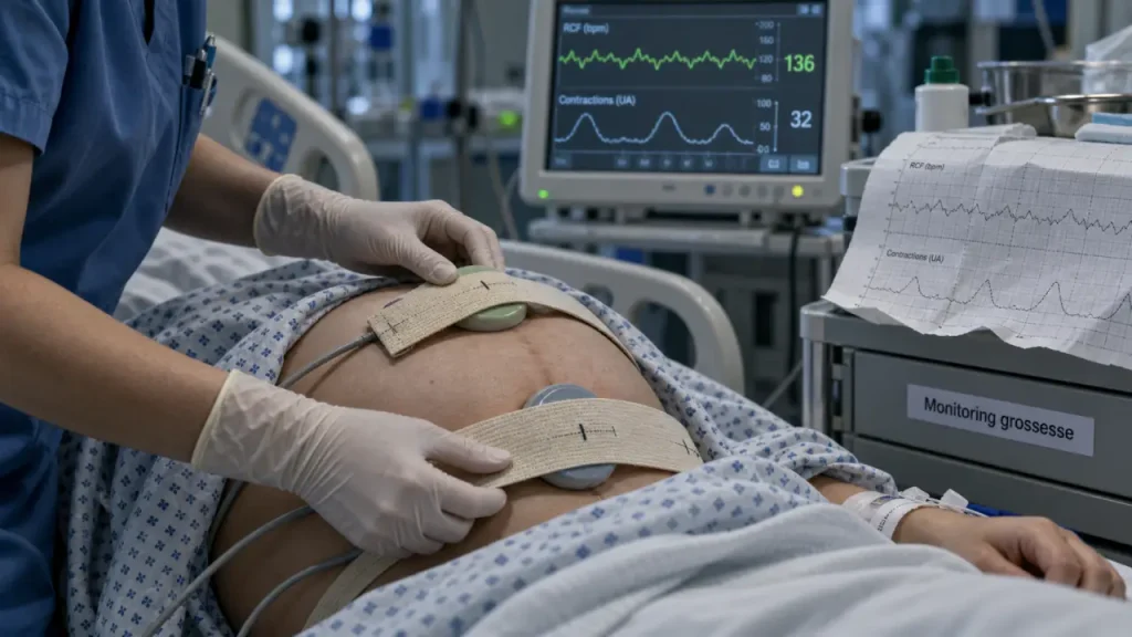 Monitoring grossesse : sage-femme en cardiotocographie avec courbes sur écran