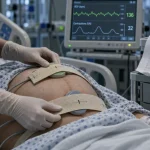 Monitoring grossesse : sage-femme en cardiotocographie avec courbes sur écran