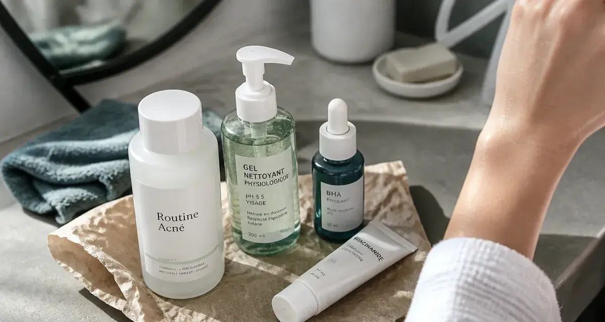 Produit acné : routine anti-imperfections BHA et niacinamide dans une salle de bain