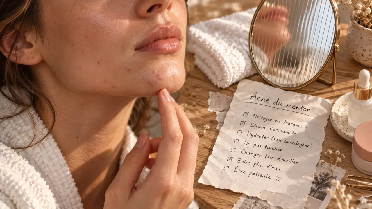 Acné menton : menton et mâchoire, peau avec pores visibles