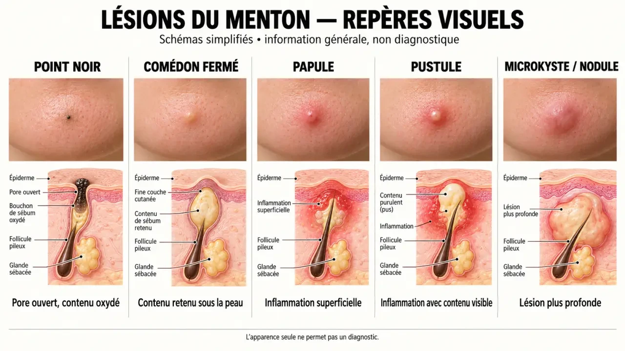 Illustration des différents types de boutons de l’acné du menton