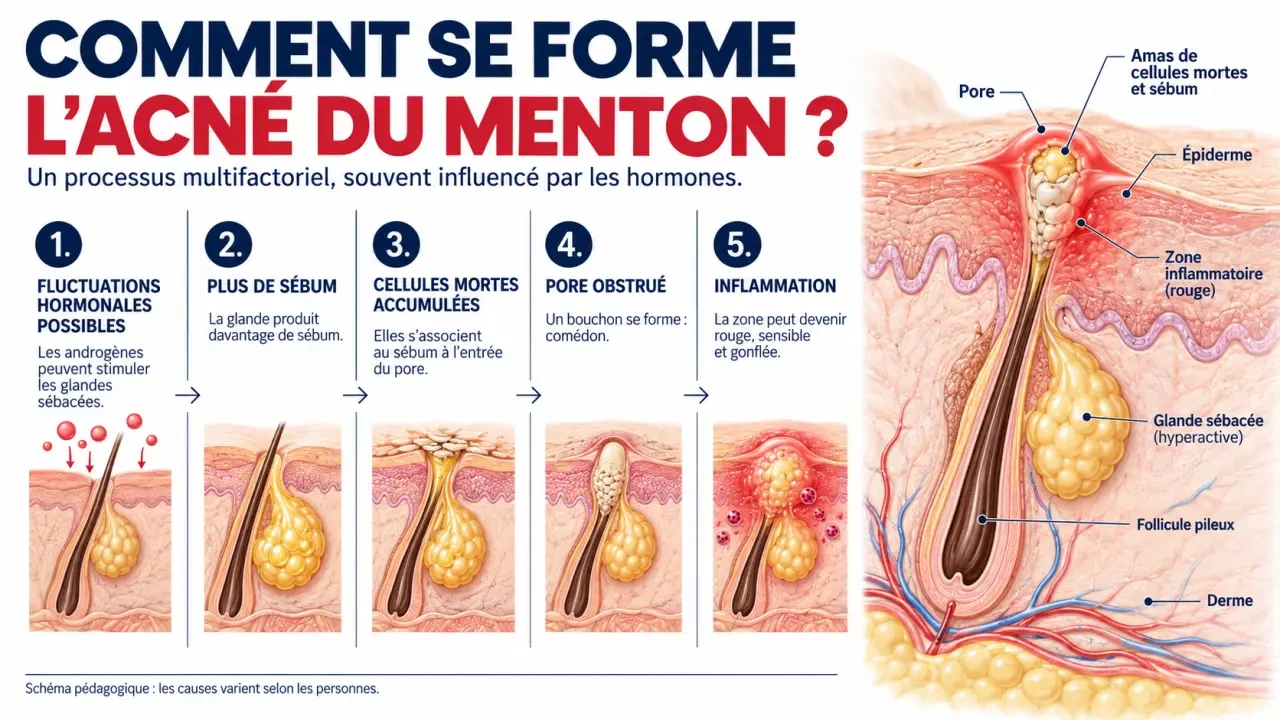 Schéma explicatif des causes de l’acné du menton, des hormones au pore inflammé