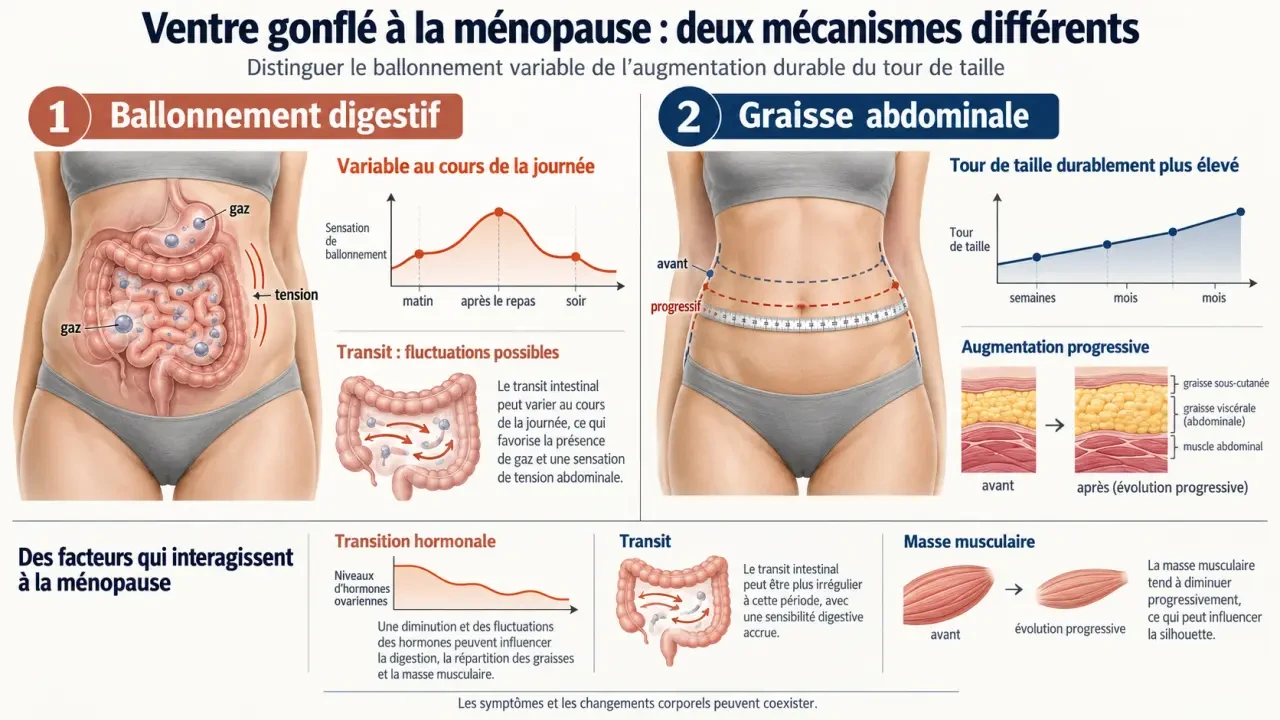 Infographie sur le ventre gonflé ménopause forum : distinguer ballonnement, constipation et graisse abdominale