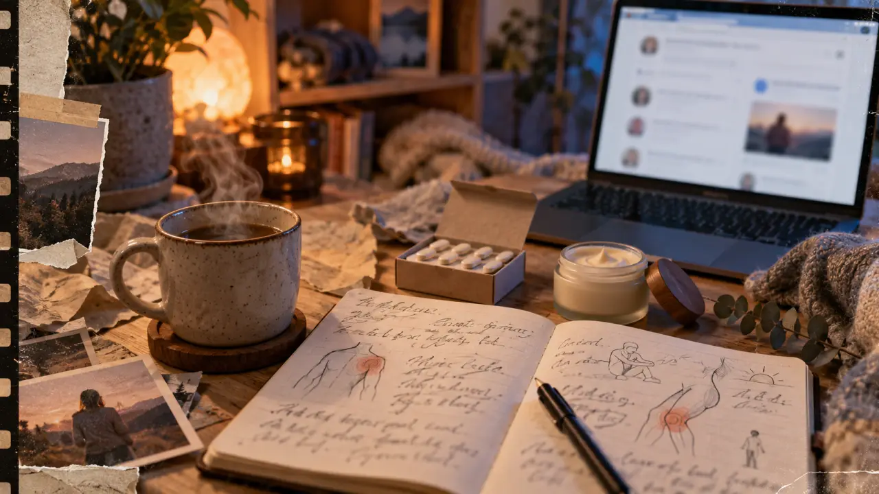 Forum ménopause douleurs articulaires : table avec carnet, médicaments et douleurs articulaires au réveil
