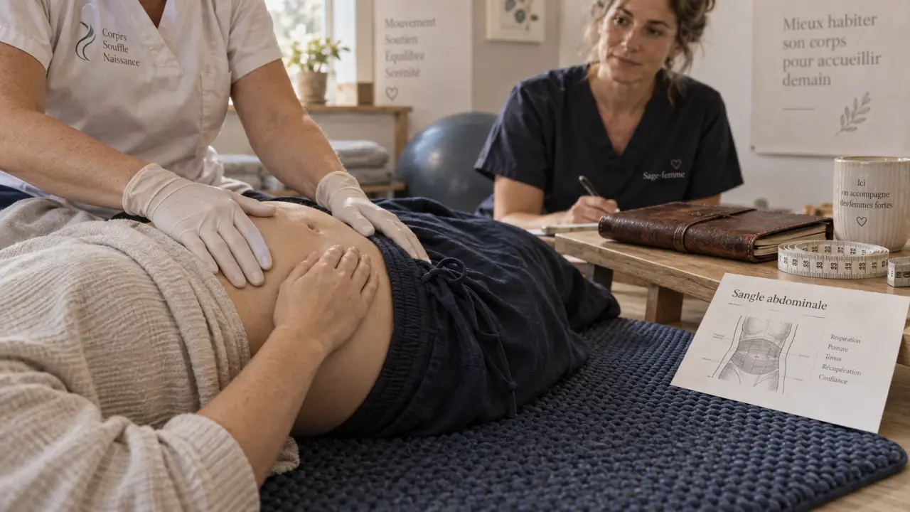 Rééducation abdominale post partum : sangle abdominale et respiration sur tapis