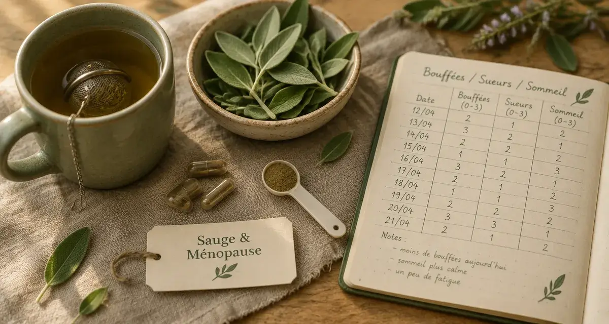 Sauge ménopause : tasse, sauge et suivi des bouffées, sueurs et sommeil après 8 semaines