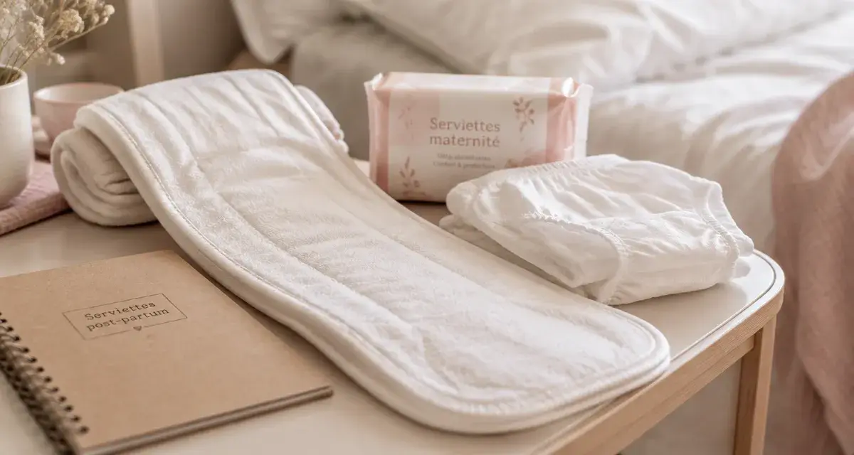 Serviette post partum maxi sur lit de maternité en coton doux