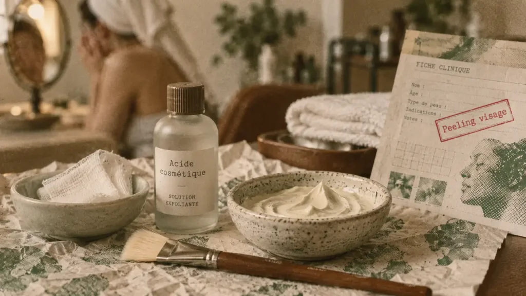 Soin peeling visage en cabinet, flacon d’acide et masque apaisant